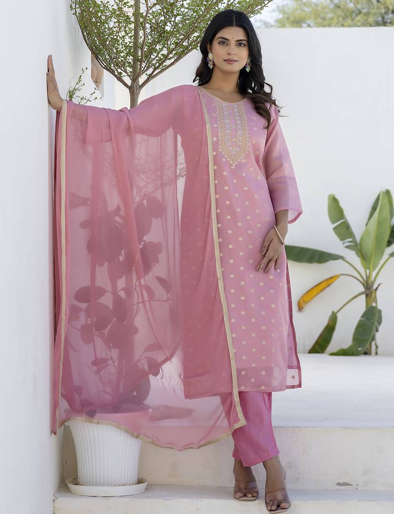 pink chanderi silk festive kurta set