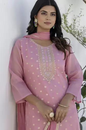 pink chanderi silk festive kurta set