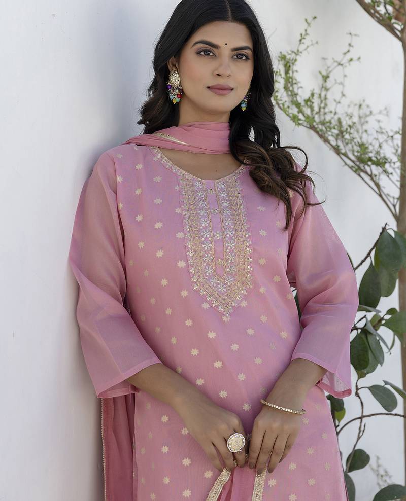 pink chanderi silk festive kurta set