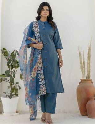 teal shimmer silk festive kurta set 1