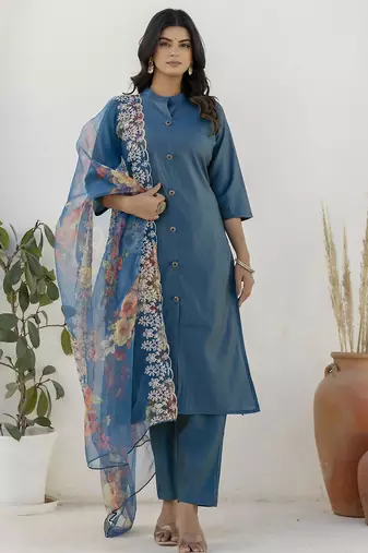 teal shimmer silk festive kurta set