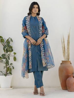 teal shimmer silk festive kurta set 2