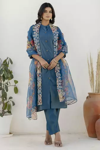 teal shimmer silk festive kurta set