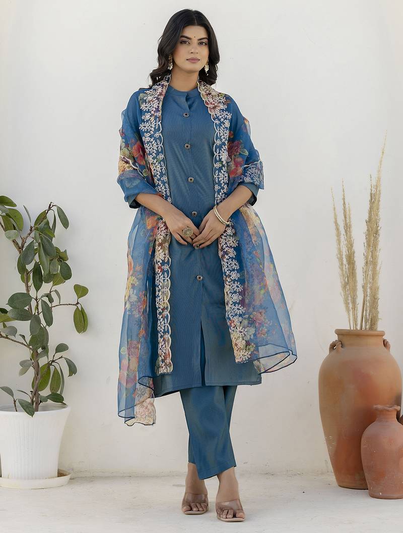 teal shimmer silk festive kurta set