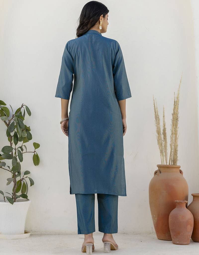 teal shimmer silk festive kurta set