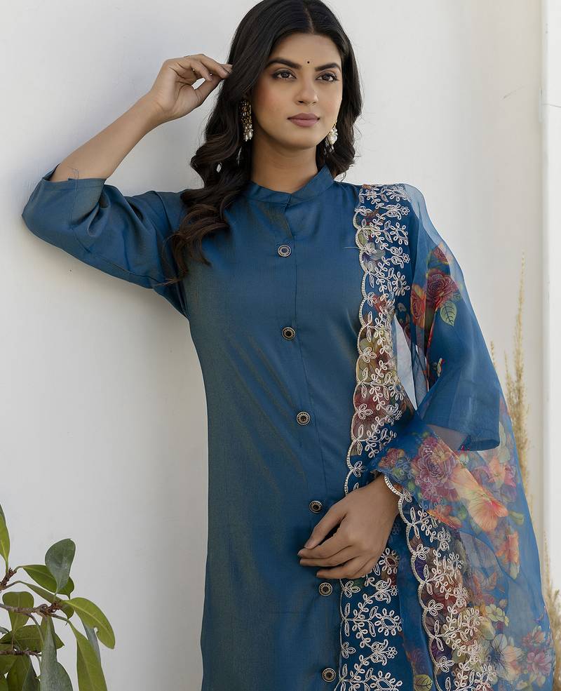 teal shimmer silk festive kurta set