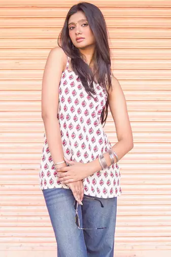 Blush Floral Block-Print Fusion kurti