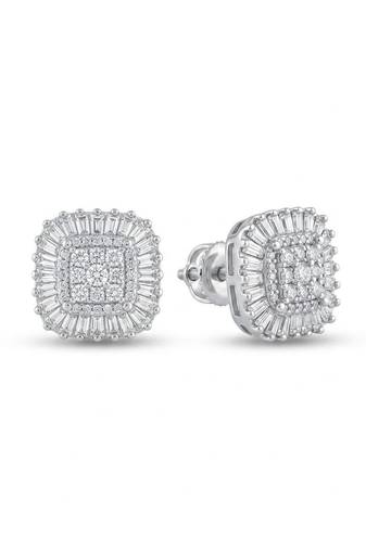 925 sterling silver Square Cluster Diamond Stud Earrings with Baguette Halo