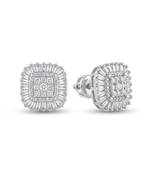 925 sterling silver Square Cluster Diamond Stud Earrings with Baguette Halo