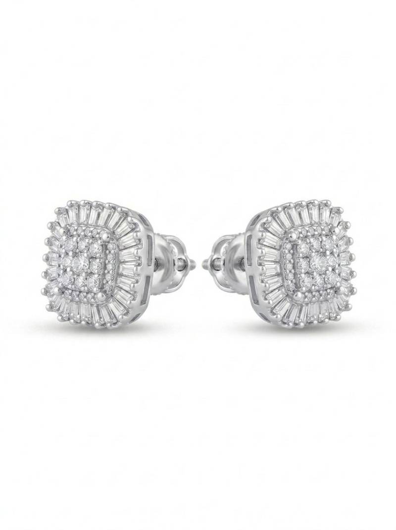 925 sterling silver Square Cluster Diamond Stud Earrings with Baguette Halo