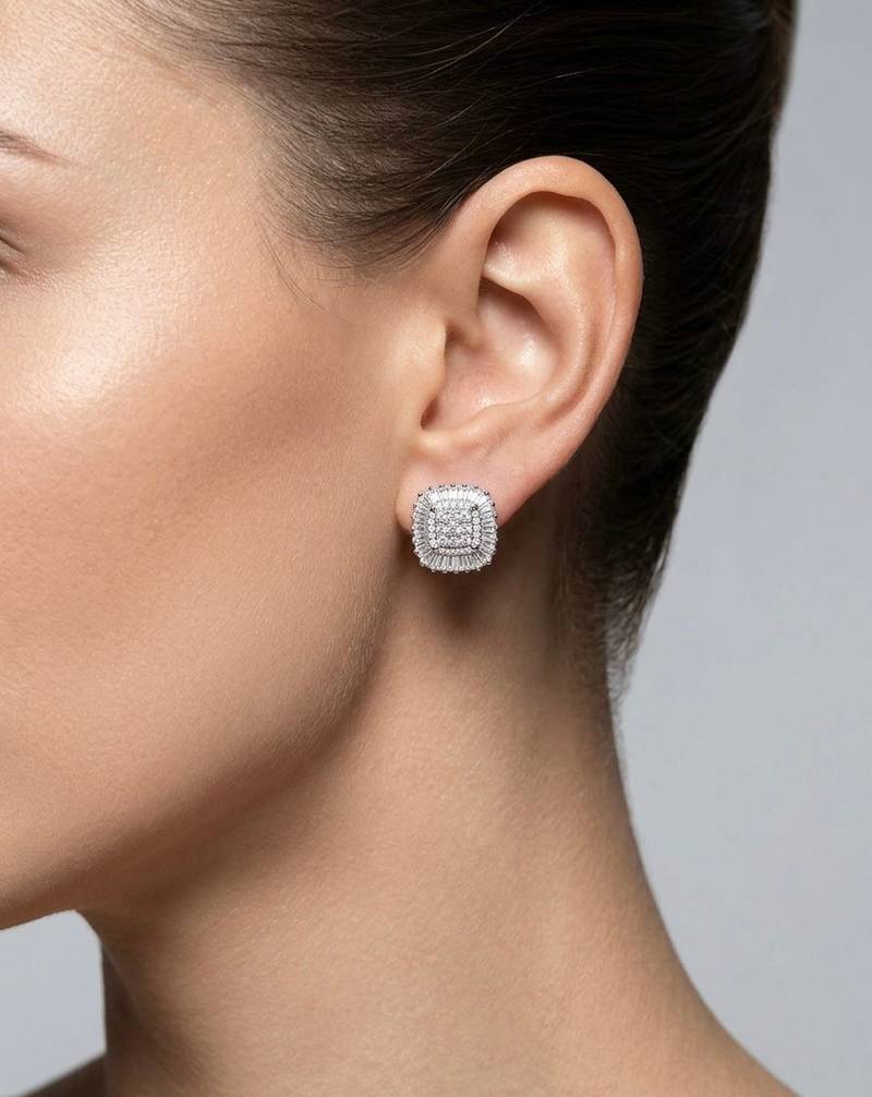 925 sterling silver Square Cluster Diamond Stud Earrings with Baguette Halo