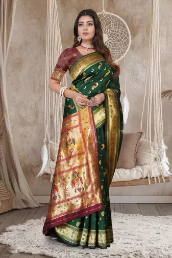 Bottle Green Banarasi Cotton Silk Saree with Maroon Woven Pallu and Traditional Zari Design