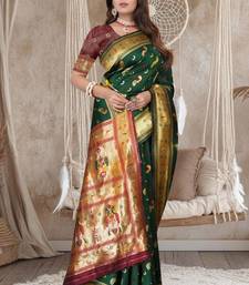 Bottle Green Banarasi Cotton Silk Saree with Maroon Woven Pallu and Traditional Zari Design