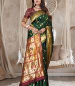 Bottle Green Banarasi Cotton Silk Saree with Maroon Woven Pallu and Traditional Zari Design