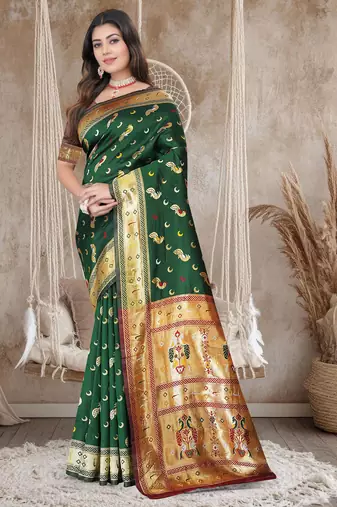 Bottle Green Banarasi Cotton Silk Saree with Maroon Woven Pallu and Traditional Zari Design