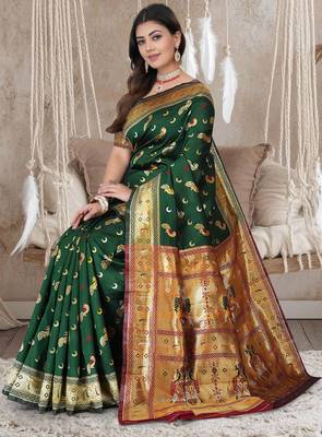 Bottle Green Banarasi Cotton Silk Saree with Maroon Woven Pallu and Traditional Zari Design 3