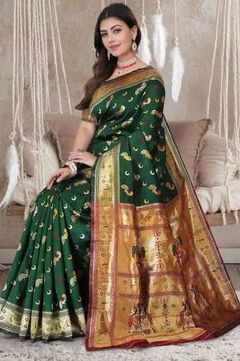 Bottle Green Banarasi Cotton Silk Saree with Maroon Woven Pallu and Traditional Zari Design