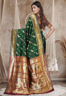 Bottle Green Banarasi Cotton Silk Saree with Maroon Woven Pallu and Traditional Zari Design 4