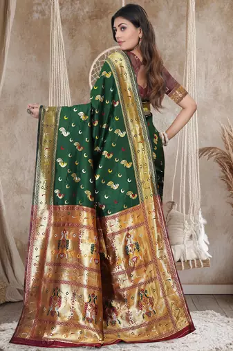 Bottle Green Banarasi Cotton Silk Saree with Maroon Woven Pallu and Traditional Zari Design