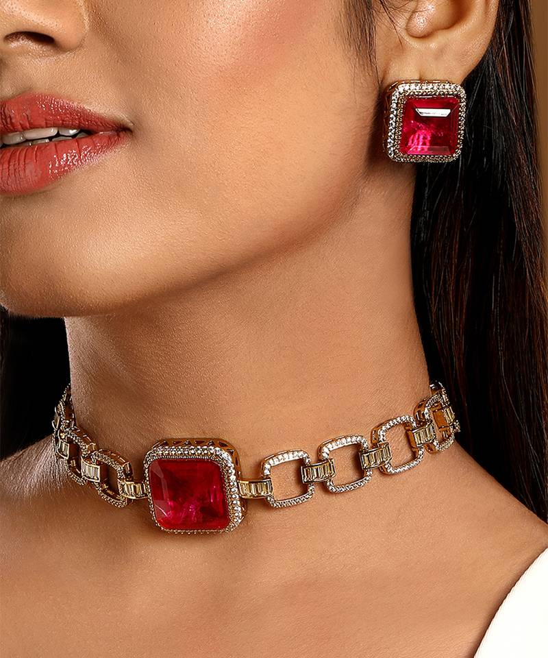 Red stone embellished choker set