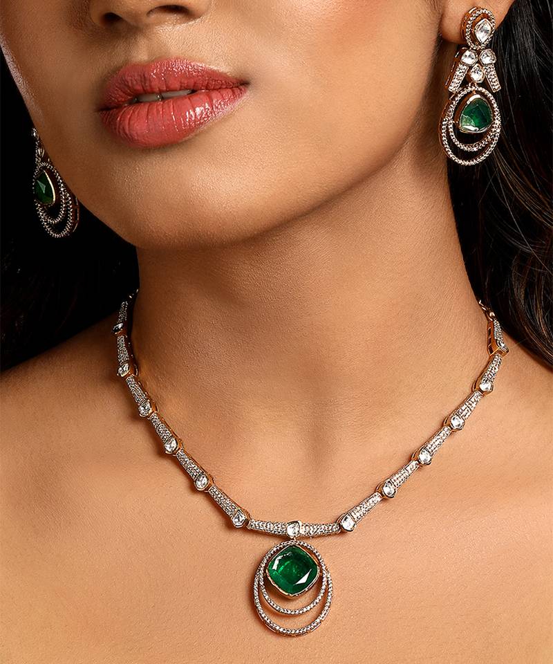 Green stone polki collar necklace set