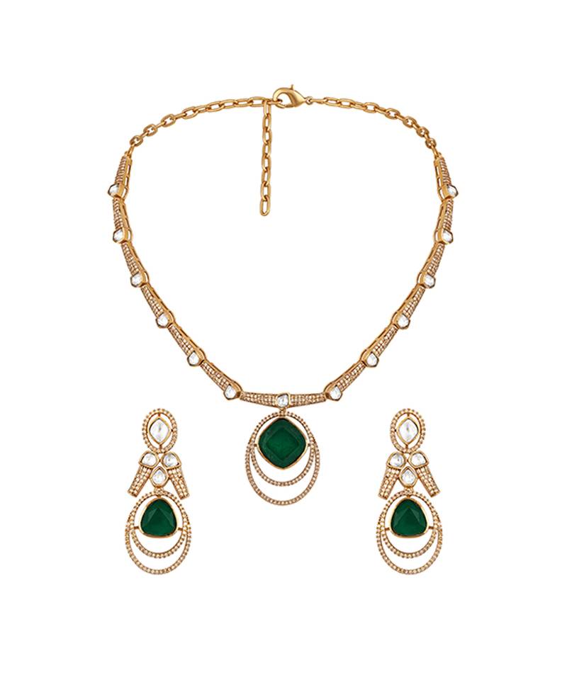 Green stone polki collar necklace set
