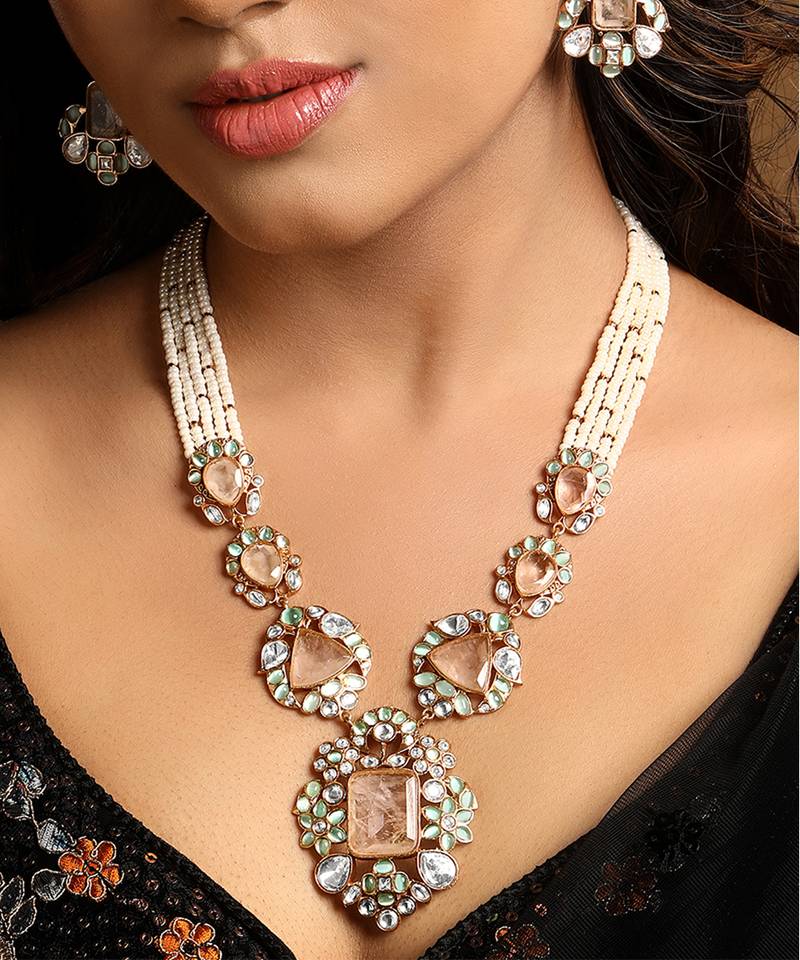 Blush pink stones kundan polki necklace set