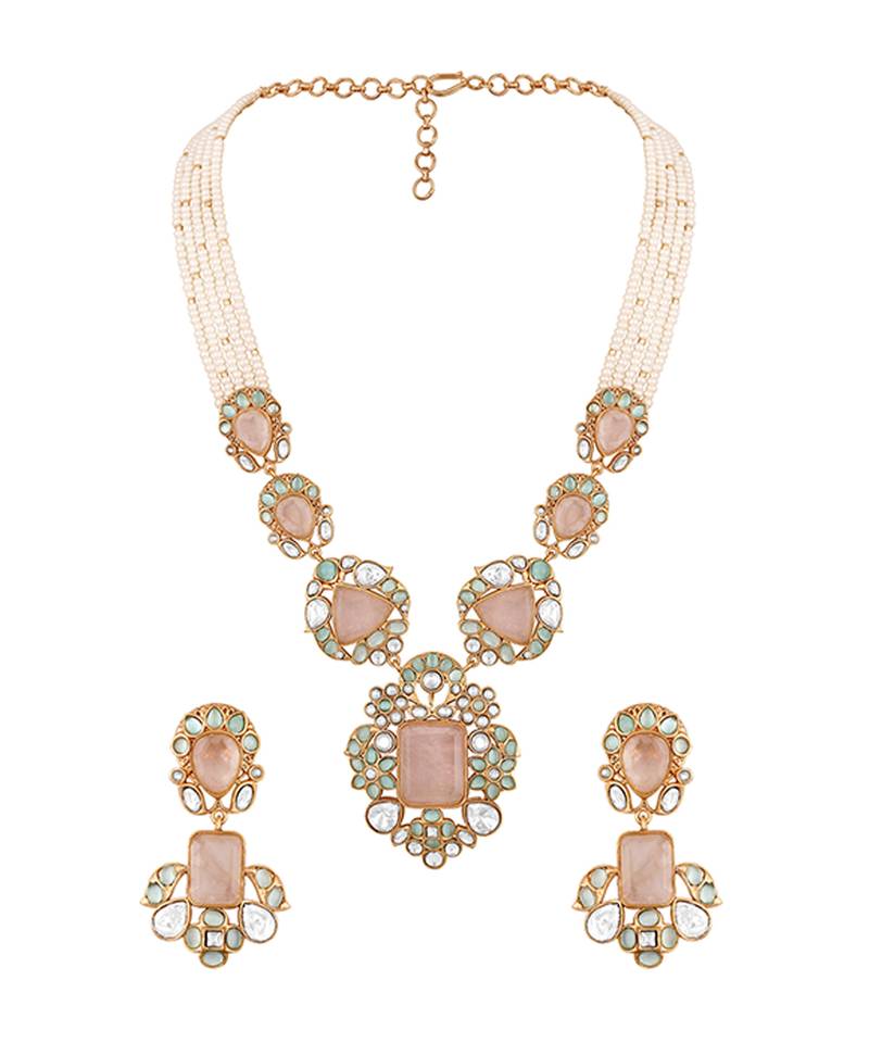 Blush pink stones kundan polki necklace set