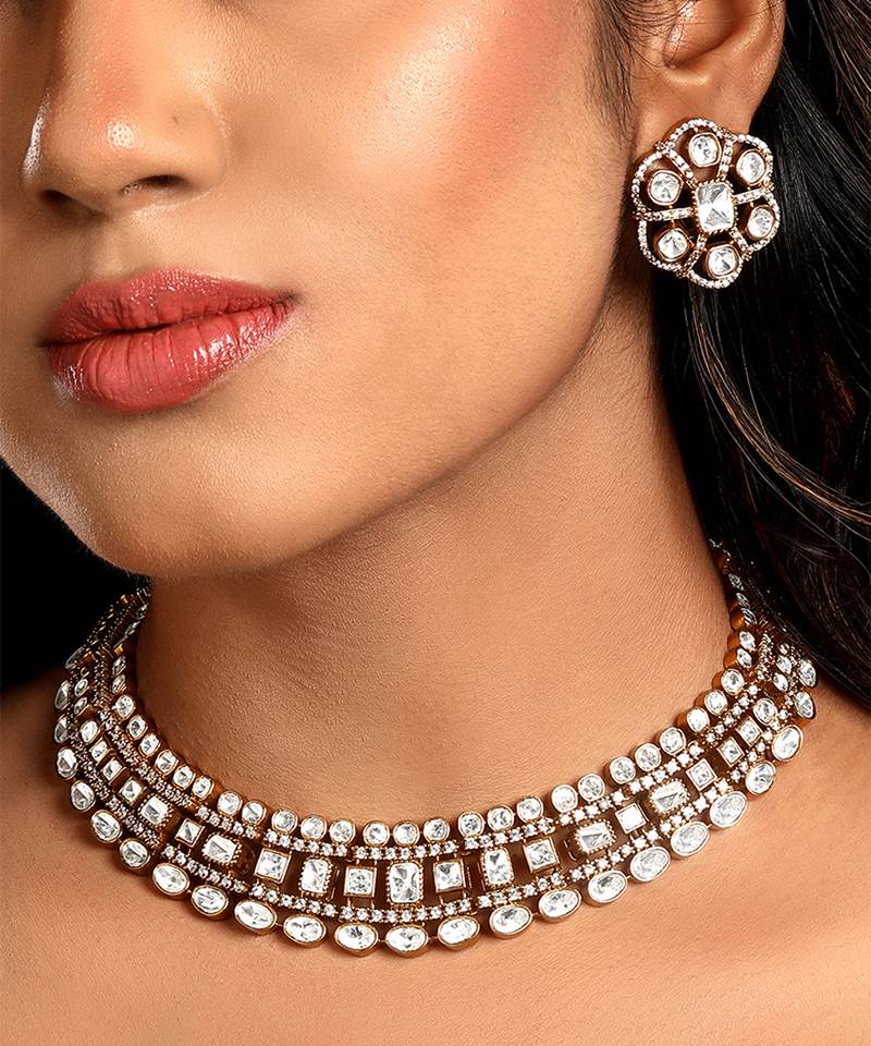 Gold plated kundan polki choker necklace set