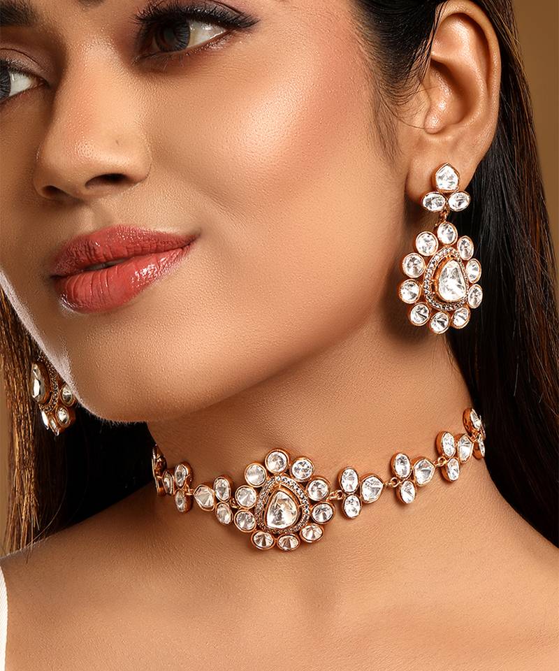 White stones kundan polki choker necklace set