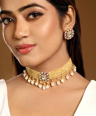 Yellow kundan beaded choker necklace set 1