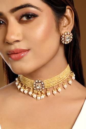 Yellow kundan beaded choker necklace set