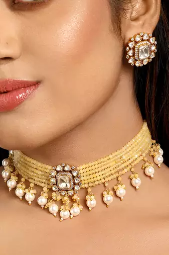 Yellow kundan beaded choker necklace set