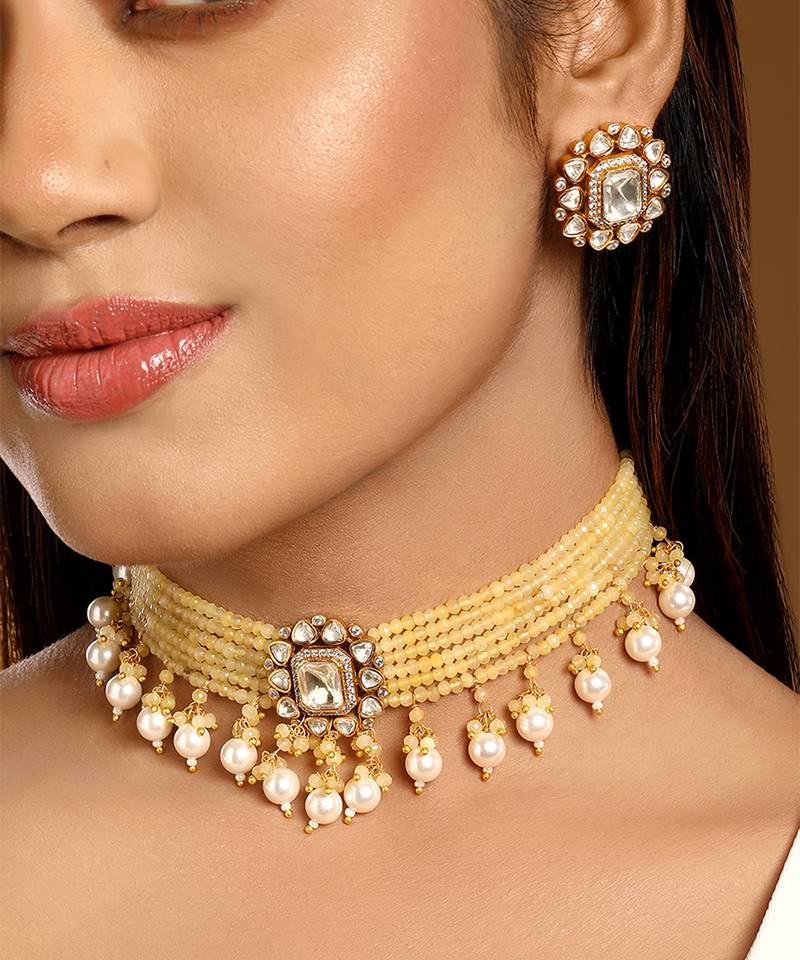 Yellow kundan beaded choker necklace set
