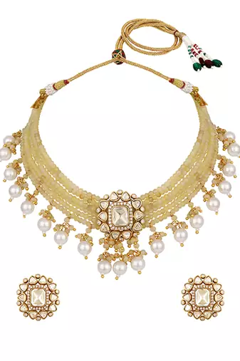 Yellow kundan beaded choker necklace set