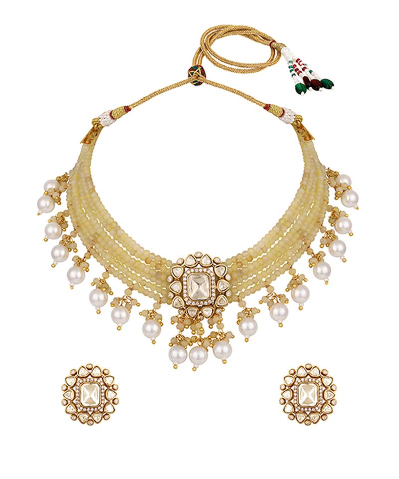 Yellow kundan beaded choker necklace set