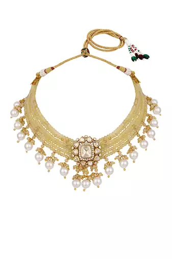 Yellow kundan beaded choker necklace set