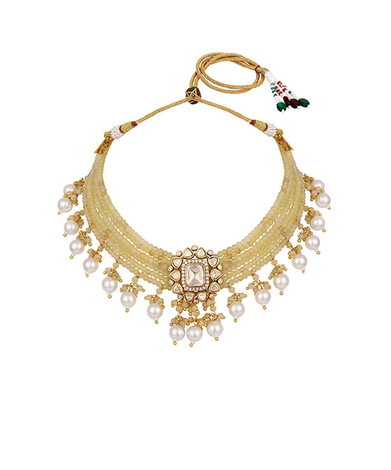 Yellow kundan beaded choker necklace set