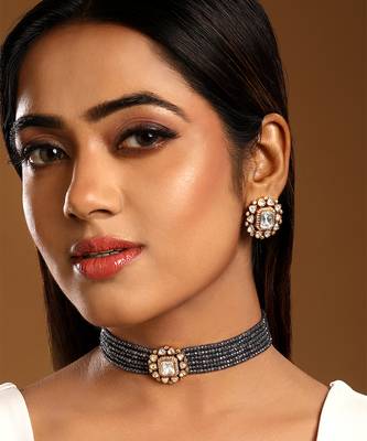 Grey kundan polki beaded necklace set 1
