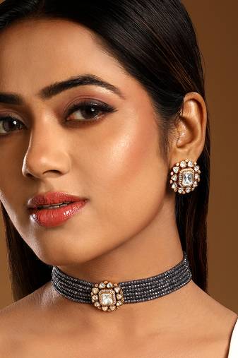 Grey kundan polki beaded necklace set