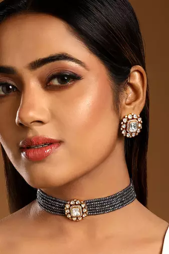 Grey kundan polki beaded necklace set