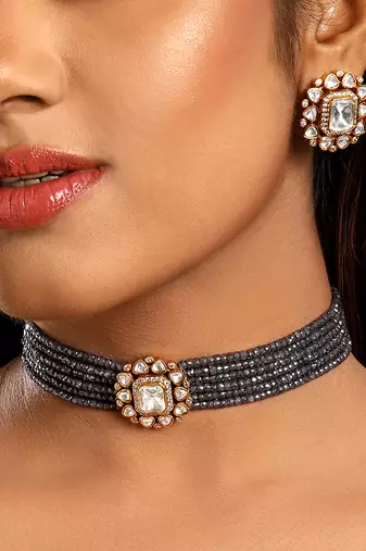 Grey kundan polki beaded necklace set