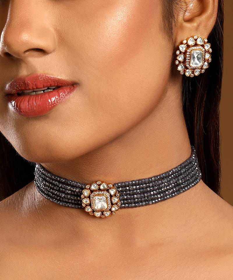 Grey kundan polki beaded necklace set