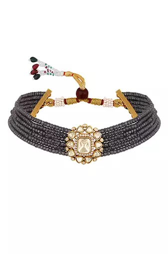Grey kundan polki beaded necklace set
