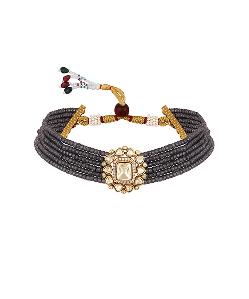 Grey kundan polki beaded necklace set