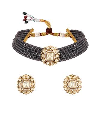 Grey kundan polki beaded necklace set 5
