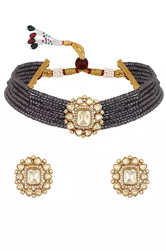 Grey kundan polki beaded necklace set