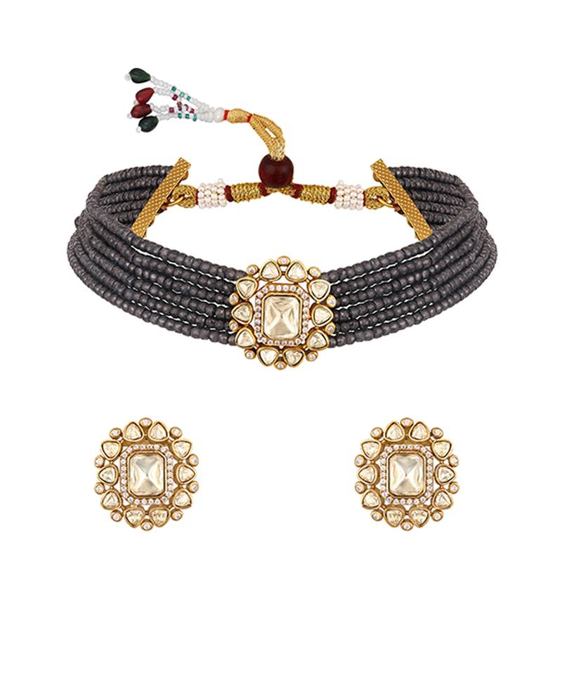 Grey kundan polki beaded necklace set