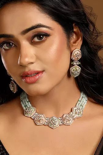 Mint green blush pink meenakari necklace set