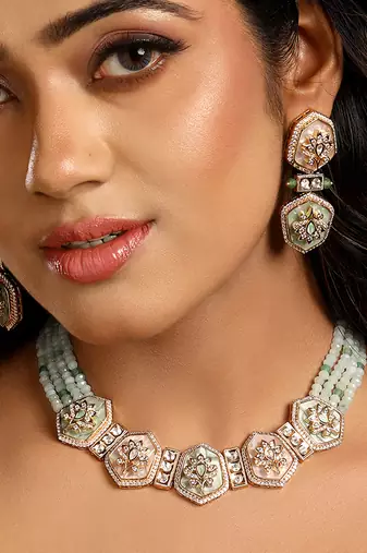 Mint green blush pink meenakari necklace set